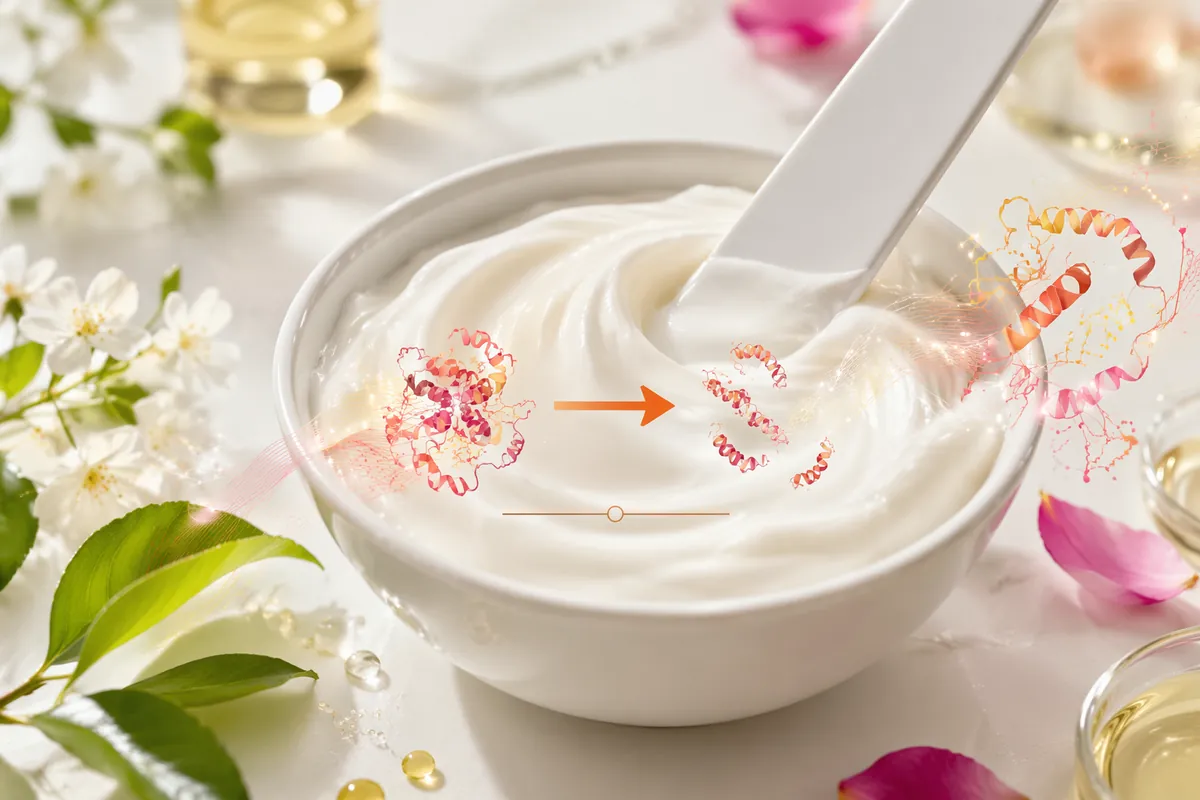 Bromelain protease being worked into a white cosmetic cream base in a mixing bowl